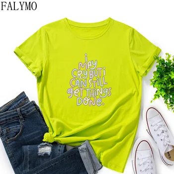 Kadın %100 % Pamuk T - Shirt Kısa Kollu Komik Mektup Baskı Tee Tops Grafik Tee Gömlek Kadın Yaz Sonbahar Elbise Söyleyerek Gömlek 4