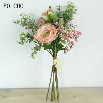 YO CHO Gelin Düğün Buket Yapay Ipek Lotus Gül Çiçek Okaliptüs Yaprağı bebeğin Nefes Nedime Beyaz Buket Ev Dekor