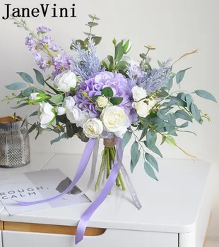 JaneVini Mor Çiçekler Gelin İpek çiçek Buketi Yapay Gül Mavi Gelin Yaprakları Broş Buket Mariage Düğün Aksesuarları