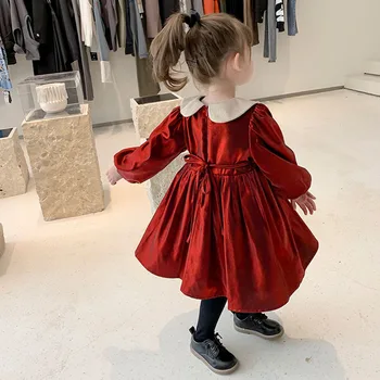 Kış Kız Prenses Elbise Peter Pan Yaka Parlak Tel Kadife Çocuk Etek Lumiere Çiçek Kız Elbise 2 Yaşındaki Bebek Kız Giysileri 4