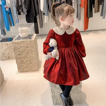 Kış Kız Prenses Elbise Peter Pan Yaka Parlak Tel Kadife Çocuk Etek Lumiere Çiçek Kız Elbise 2 Yaşındaki Bebek Kız Giysileri 5