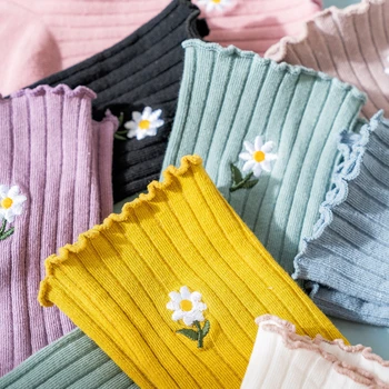 CHAOZHU Yeni Yaz Bahar Ince Gevşek Çorap Moda Papatya 8 Renkler Uzun Kadın Sox Tatlı Sevimli Pamuk Örgü Kaburga Kore Japon