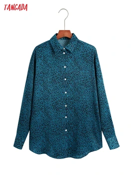Tangada 2021 Sonbahar Kadın Leopar Baskı Gömlek Bluz Uzun Kollu Chic Ofis Lady 6Z182 Tops