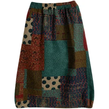 Johnature Yeni Vintage Patchwork Etekler Kadın 2021 Yaz Rahat Tüm Maç Elastik Bel Gevşek Hit Renk Cepler Etekler