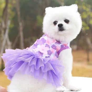 Yaz Köpek Elbise Kabarık Prenses Elbise Küçük Orta Köpekler İçin Yumuşak Düğün Etek Çiçek Gazlı Bez Elbise Pet Giyim 5