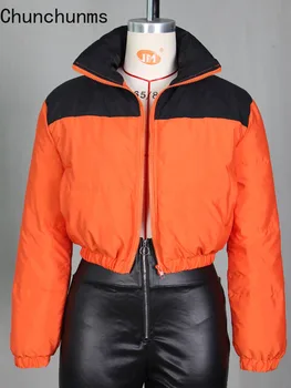 2021 Kış Sportif Klasik Patchwork kadın Uçuş Aşağı pamuklu ceket Rahat Standı Yaka Fermuar Up Kısa Ceket Sıcak Sıcak Kırpma 1