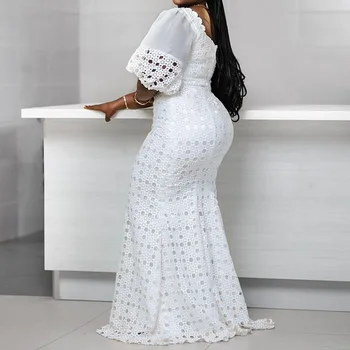 Zarif Parti Beyaz Uzun Artı Boyutu Elbise Kadınlar Seksi Bodycon Cut Out Dantel Puf Kollu Kat-uzunluk Büyük Boyutları Maxi Elbiseler 2021