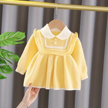 Güz Moda çocuk Örme Elbise Kız Prenses Tarzı Bebek Yaka Kız Kazak Elbiseler Çocuklar Yürümeye Başlayan Kış Parti Giysileri 2