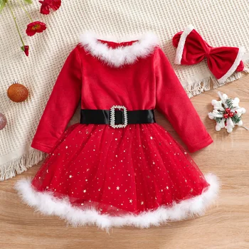 Noel Elbise Çocuklar için Bebek Kız Noel Baba Kıyafet Kış Sonbahar Uzun Kollu Prenses Kürk Elbise ile Kemer Çocuk Noel Hediye 0
