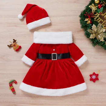 Noel Elbise Çocuklar için Bebek Kız Noel Baba Kıyafet Kış Sonbahar Uzun Kollu Prenses Kürk Elbise ile Kemer Çocuk Noel Hediye 5