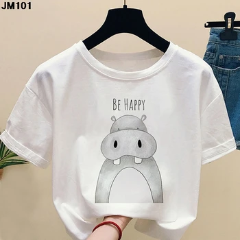Harajuku kadın 2021 Mutlu Hayvan Kısa kollu Baskı Tshirt Bahar Ve Yaz Moda Bayanlar Giyim Tee Kadın Üst T-shirt 2